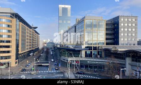 View of the Brussels-South railway station (French: Gare de Bruxelles Midi, Dutch: Station Brussel-Zuid, IATA code: ZYR), the busiest station in Brussels and Belgium Stock Photo