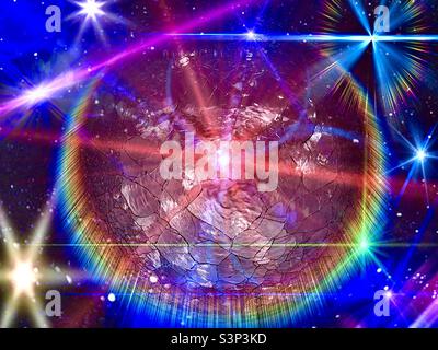 Cracked-glass lighted sphere, used as a home accent, was used as a source image, then a composite was created and lighting effects added via various IOS apps. Stock Photo
