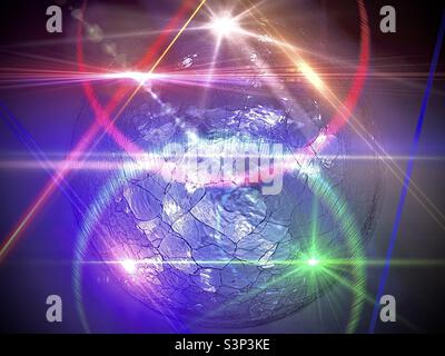 Cracked-glass lighted sphere, used as a home accent, was used as a source image, then a composite was created and lighting effects added via various IOS apps. Stock Photo