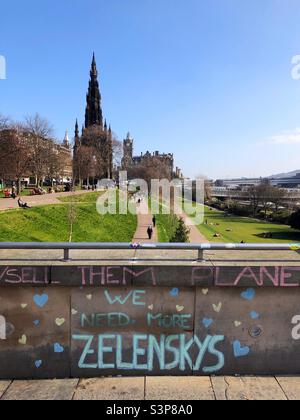 Graffiti for Zelensky and the Russia Ukraine conflict on the mound, Edinburgh Scotland Stock Photo