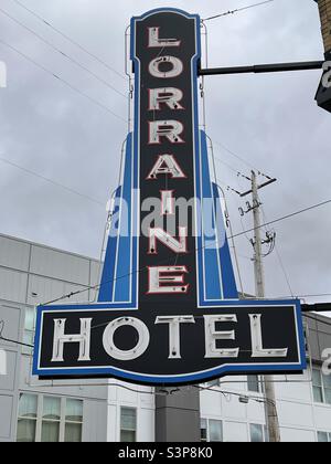 A sign of the Lorraine Hotel where Dr. Martin Luther King was killed in Memphis, TN. Stock Photo