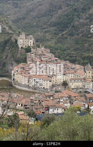 The medieval village of Dolceacqua in Italy as seen from our hike up to the Kapelle. Stock Photo