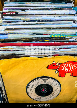 Stack of old vinyl records 45rpm Stock Photo