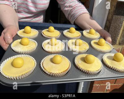 12 Simnel Cupcakes baked for Easter Stock Photo
