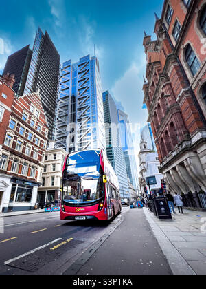 London Red Bus at Liverpool Street Railway Station, Central London, UK - January 2022 Stock Photo