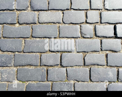 The background of the brick paving slabs is gray. Sidewalk tiles close-up Stock Photo