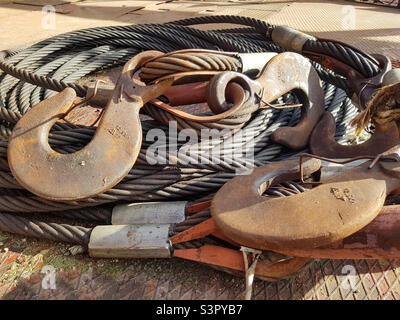 Chain hook of the tower crane for lifting cargo close-up. Rope slings close-up Stock Photo