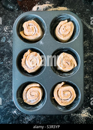 A tray of uncooked cinnamon buns Stock Photo