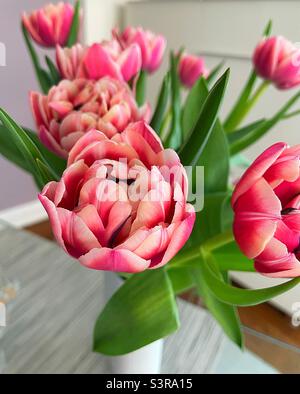 Bouquet of red tulips with green leaves on abstract background Stock ...
