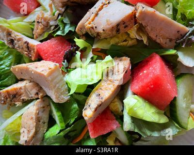 Close-up of a fresh spring salad featuring English cucumber, watermelon chunks and chicken pieces, 2022, United States Stock Photo