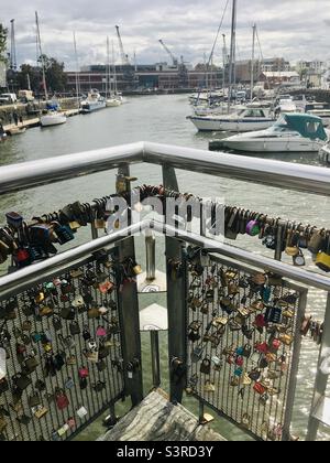 Padlocks on Pero bridge in Bristol symbolising lovers locked together forever Stock Photo