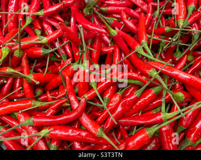 Spicy red chilli peppers on sale in an Asian supermarket. Stock Photo