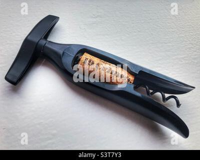 19 Crimes wine cork in a Le Creuset corkscrew Stock Photo