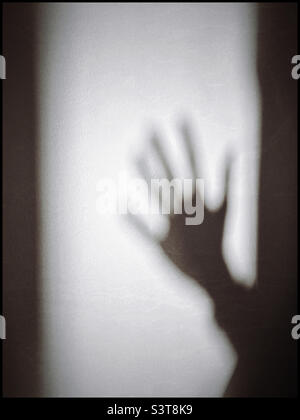 The shadow of a hand on a white wall. Is it a friendly wave or an attacking hand? Boy or girl? Man or woman? Photo ©️ COLIN HOSKINS. Stock Photo