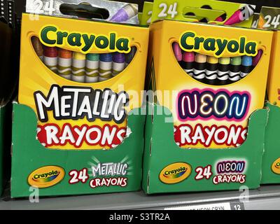 Crayola metallic and neon crayons sold in stores. Stock Photo