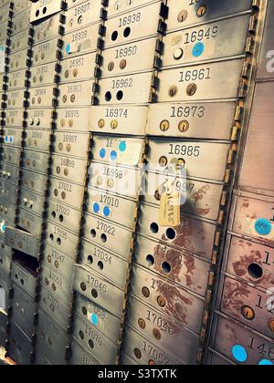 A wall of safe deposit boxes in a bank branch Inn Midtown Manhattan, New York City, 2022, USA Stock Photo