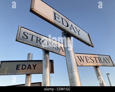 Kirkwall harbour signs for the islands of Orkney, Scotland Stock Photo