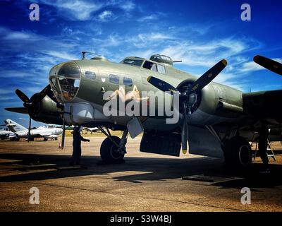 Boeing B-17 bomber “Sally B” at IWM Duxford, Cambridgeshire, UK. Stock Photo