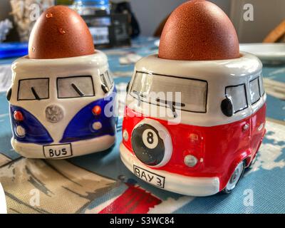 Boiled eggs in VW Camper Van egg cups Stock Photo