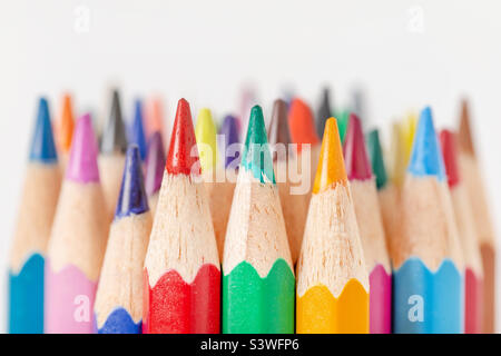 Sharpened colorful pencils closeup macro, ready for school Stock Photo
