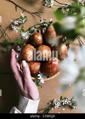 Handmade Easter eggs decorated by spring flowers Stock Photo