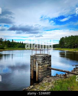 ‘Low levels’ a water depth gauge board shows a lake in the North of England at severely low levels in summer 2022. Warm weather and lack of rainfall lead to droughts in many areas Stock Photo