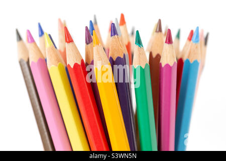 Colorful pencils sharpened isolated on white background, closeup Stock Photo