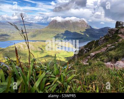 View of Cul Mor mountain from the top of Stac Pollaidh or Stack Polly, mountain in Inverpolly, North West Scotland Stock Photo
