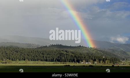 Bright rainbow over pine-covered hills and grassland, overcast day with distant mountains under grey clouds, in Montana, USA Stock Photo