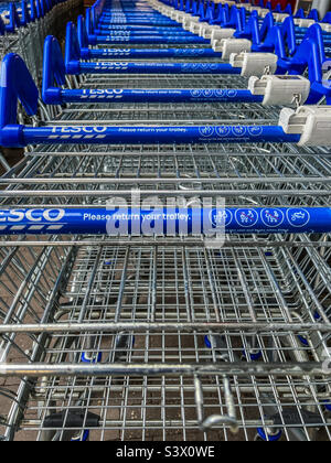 Tesco trolleys stacked up Stock Photo