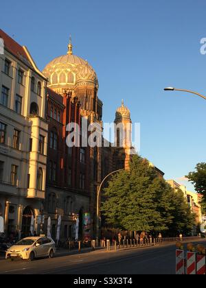 Oranienburger Strasse streetscape, with view of the New Synagogue (Neue Synagoge), Berlin, Germany. Stock Photo