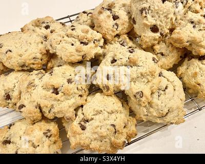 Freshly baked chocolate rock cakes on a cooling rack Stock Photo