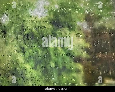 Image of a heavy summertime downpour in my Utah, USA neighborhood. Added additional rain digitally and then also a raindrop overlay for a well-soaked artistic effect. A beautiful abstract of nature. Stock Photo