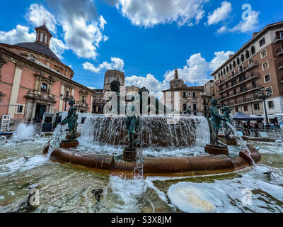 Turia fountain in Plaza de La Virgen in the centre of old town Valencia in Spain Stock Photo