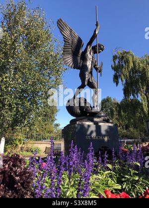 Sculpture of St Michael slaying the dragon, St Michael is depicted on the Linlithgow town coat of arms, Linlithgow, Scotland Stock Photo