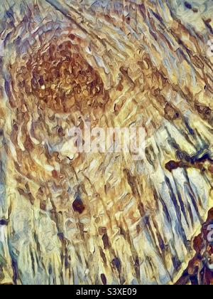 Top view of a tree stump of a cut down 30 year old Locust tree in a yard located in Utah, USA. Various IOS apps have made the image painterly, really bringing out the abstract color and texture. Stock Photo