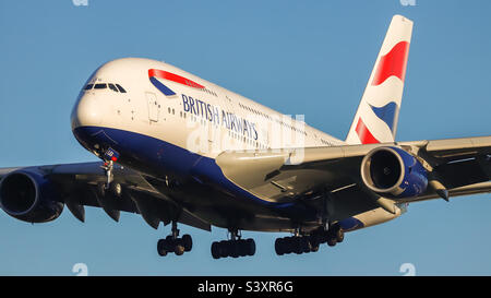 British Airways A380 (G-XLEG) at Heathrow Airport. Stock Photo