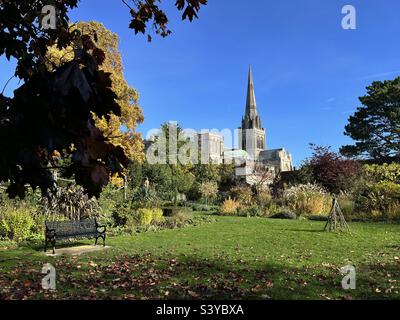 A view from Bishop’s Palace Garden beside Chichester Cathedral in West Sussex in England. Stock Photo