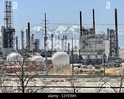 Industrial area near the I-15 Interstate Freeway just north of Salt Lake City, Utah, USA. This area has many working gas and oil refineries. Stock Photo