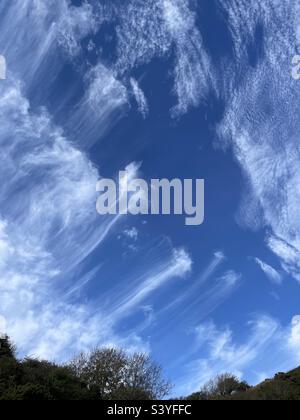 Cirrus clouds (mare’s tail), Wales, November. Stock Photo