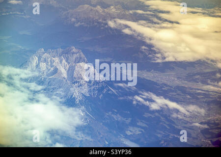 the mountain tame emperor in the Kaiser mountains of the Alps, in the Austrian Tyrol, photographed from above from the air from an airplane, in the background you see the wild emperor Stock Photo