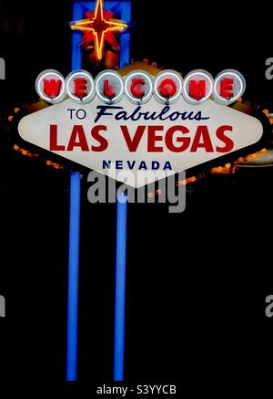 A neon sign says Welcome to Fabulous Las Vegas Nevada Stock Photo
