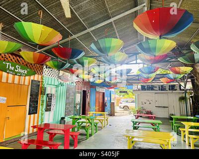 Rainbow umbrella ceiling in atrium Stock Photo