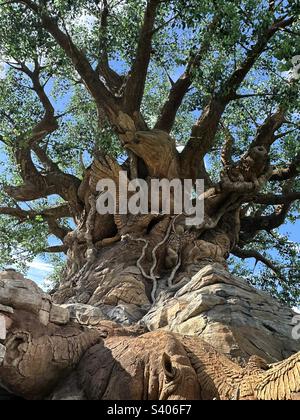 Looking up at the Tree of Life that is in the center of Animal Kingdom at Walt Disney World. Stock Photo