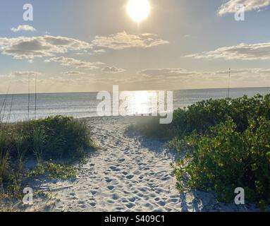 A path through the dunes to a sandy beach at sunset Stock Photo