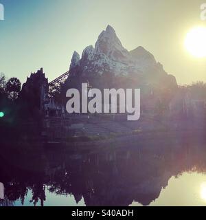 Early morning while looking at Expedition Everest ride at Walt Disney Worlds Animal Kingdom Park Stock Photo