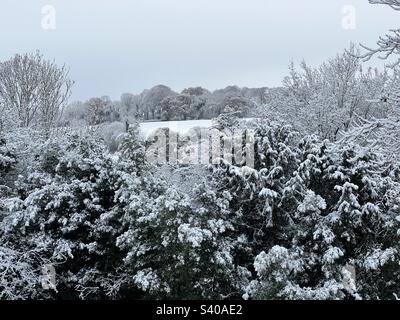 Frozen and snow covered rural countryside landscape in December, Kent, England Stock Photo