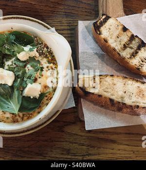 Breakfast on weekend - Toasted bread and scrambled eggs Stock Photo
