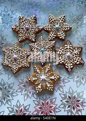 Gingerbread snowflake cookies. Stock Photo