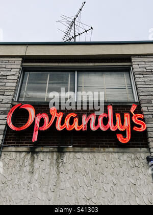 Neon sign for Oprandy’s, a liquor store in Englewood, New Jersey, USA. Stock Photo